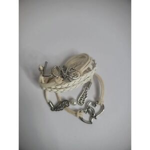 Vintage Faux Leather Bracelet White Beige Love Heats Wings Jewelry Costume